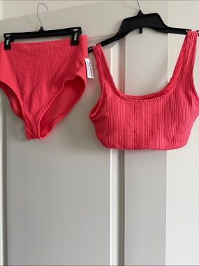 Old Navy Coral Pink Ribbed Bikini Top & High-Waist Bottoms